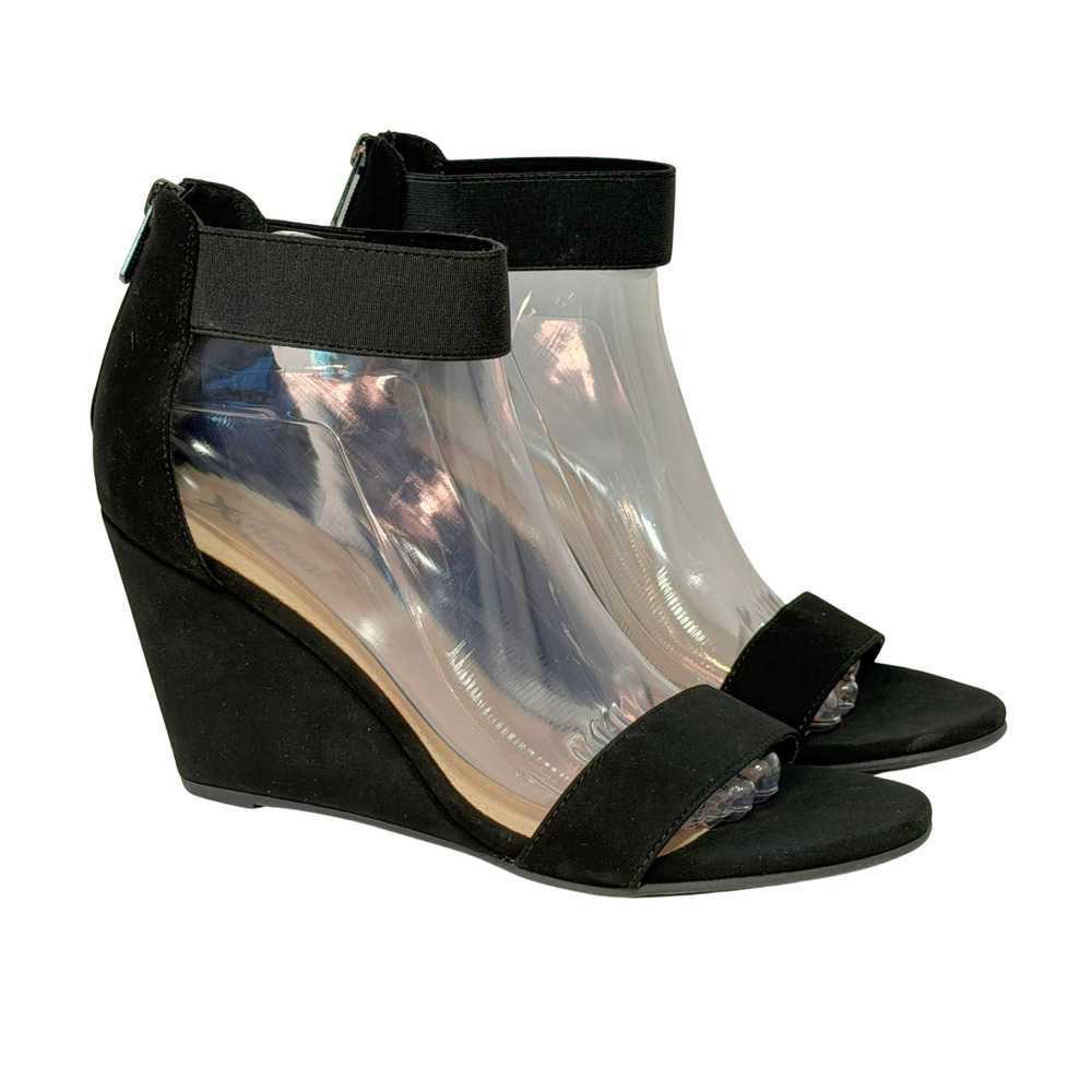 XAppeal Sz 10 Camryn Wedge Sandals 3" Heel Elastic Ankle Strap Zip Back Black